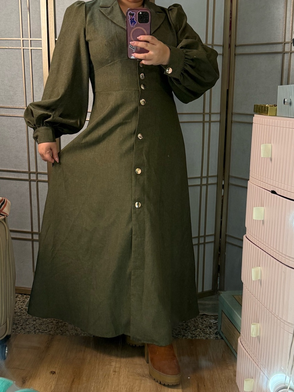 SHEIN Olive Green Button-Down Maxi Dress with Puff Shoulders